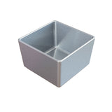 A square, deep, metallic baking pan with smooth, shiny surfaces and rounded corners features a durable Duracoat coated cast aluminum bowl construction, shown on a white background.