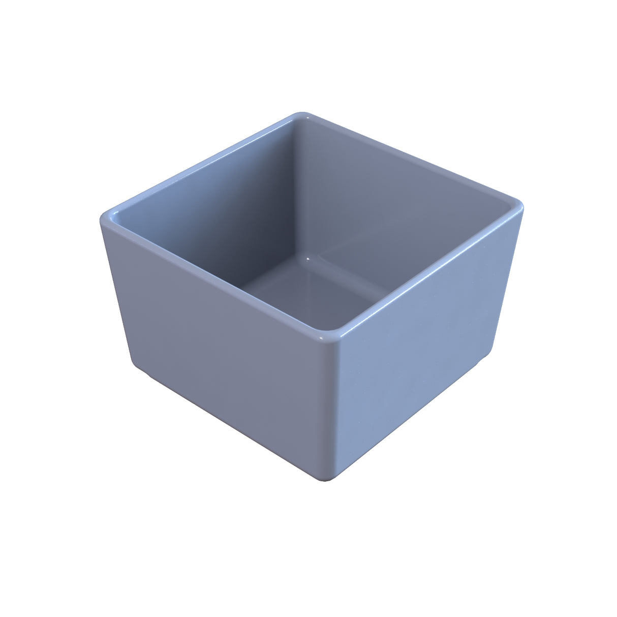 A plain, empty, light gray ceramic dish with rounded edges sits on a white background. This dishwasher safe bowl features smooth, glossy surfaces and appears to be clean and unused.