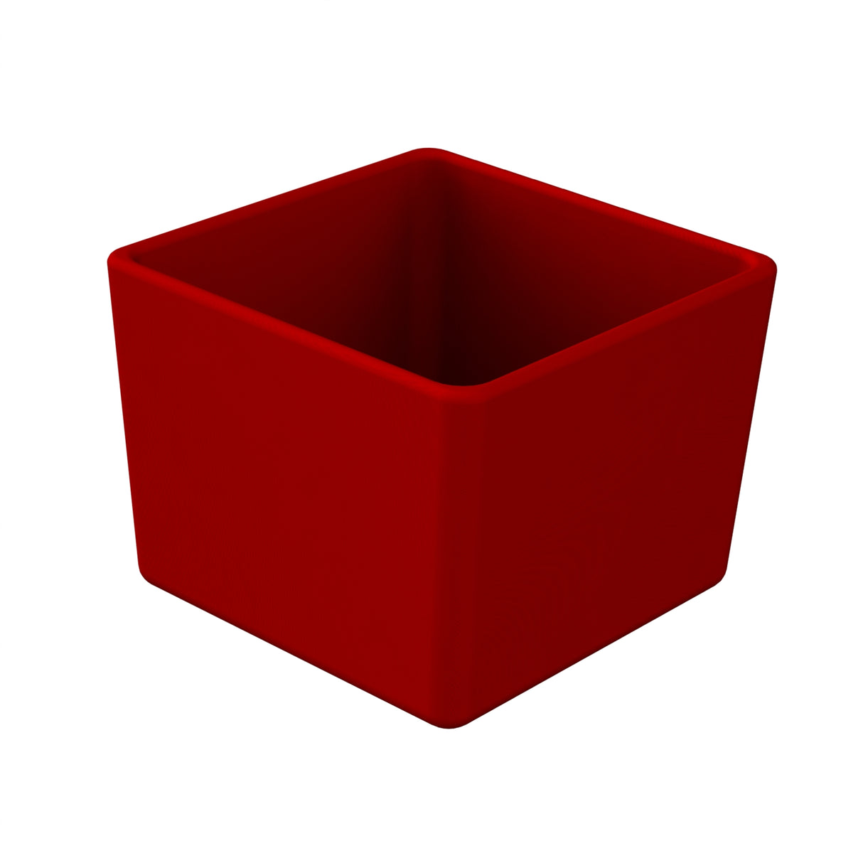 A 3D-rendered, empty, square-shaped cast aluminum bowl with smooth edges, colored solid red. The bowl is viewed at an angle, showing both the inside and two outer sides. The background is plain white.