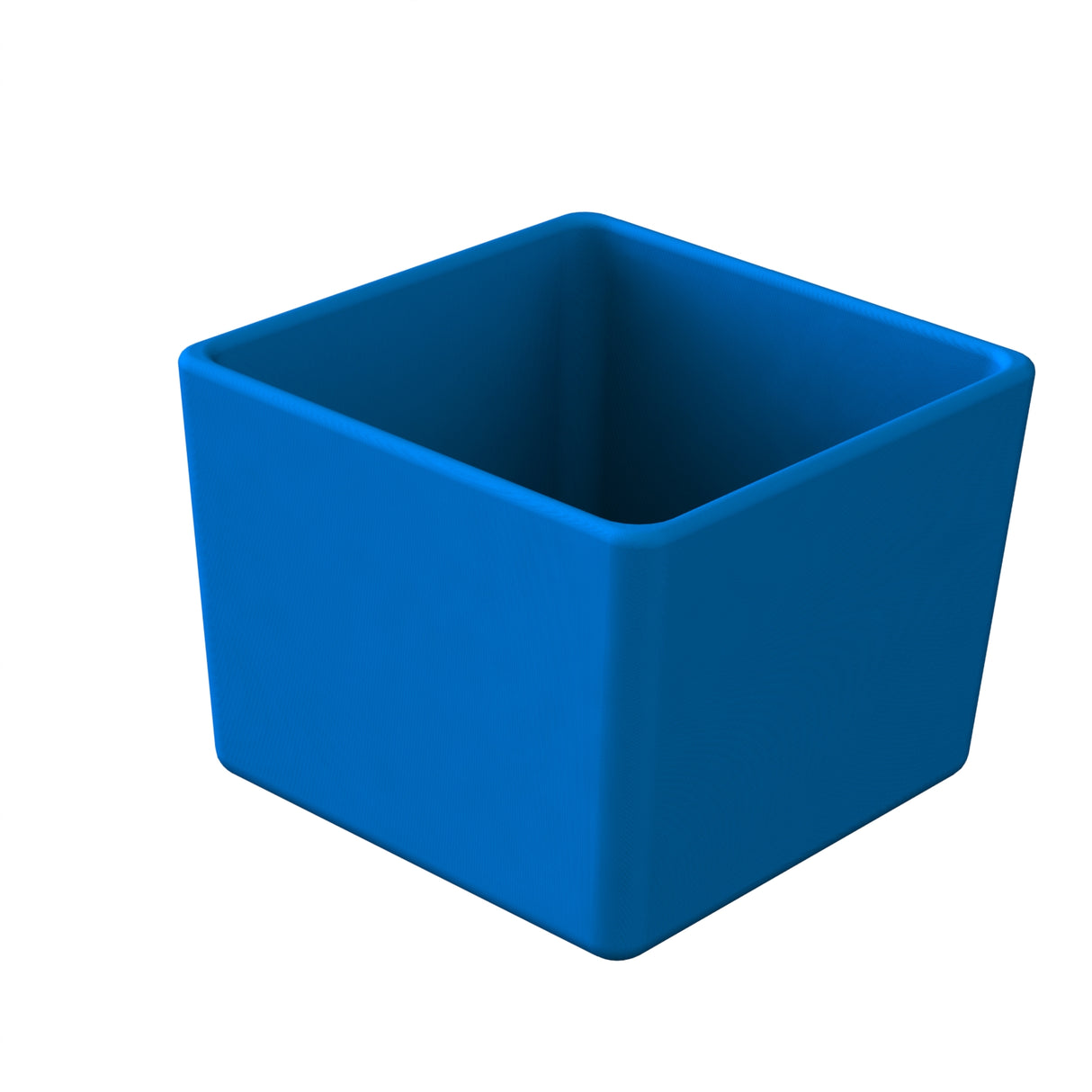 A plain, solid blue, open-top square container with rounded edges is shown against a white background. Made of durable Duracoat coated aluminum, this container is empty inside and designed to be dishwasher safe.