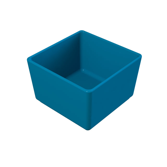 A solid blue, empty, square-shaped cold holding bowl with smooth sides and rounded edges is shown against a white background. The shallow container is made of Duracoat coated aluminum or similar material and is dishwasher safe.
