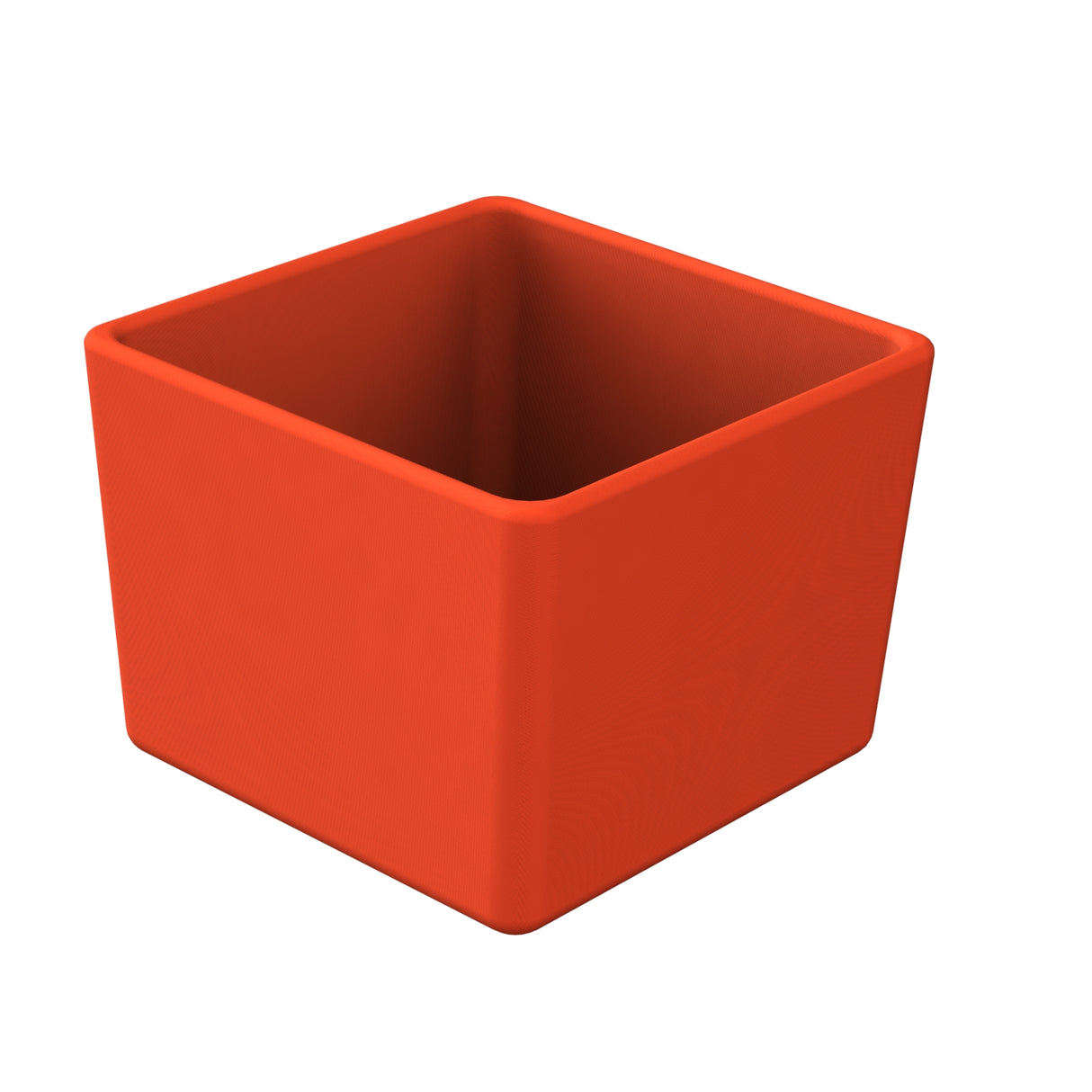 A bright orange, square-shaped planter pot with smooth surfaces and slightly rounded edges, displayed on a white background. Reminiscent of a cast aluminum bowl, its modern design emphasizes simple geometric form and clean lines.