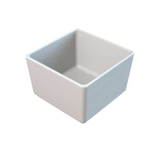 A plain, empty, white ceramic bowl with a square shape and rounded edges is shown against a white background. Perfect for cold holding, the bowl’s smooth and glossy surfaces reflect light, while its angle highlights depth and dimension.