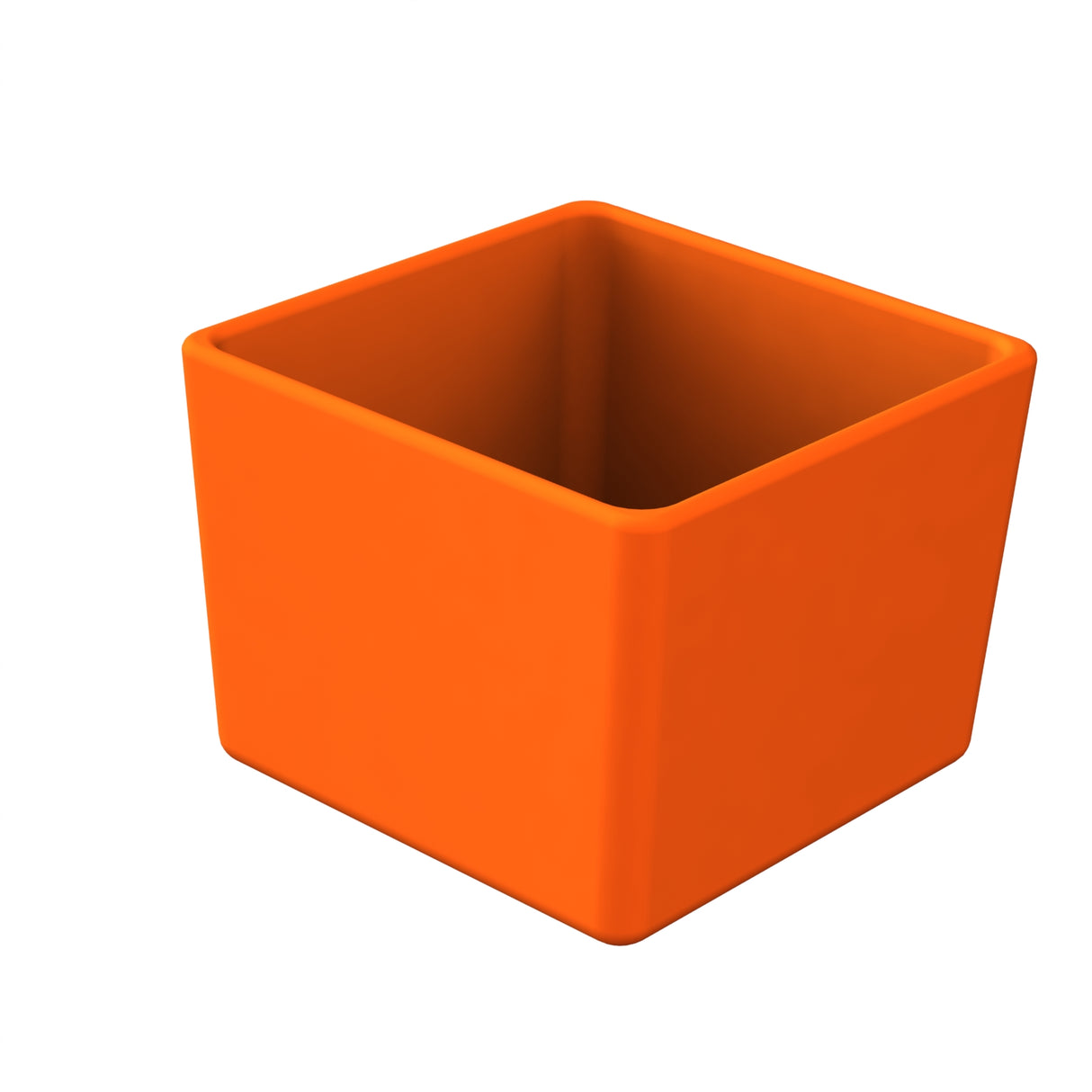 A bright orange, empty, square-shaped cast aluminum bowl with smooth sides and slightly rounded edges, viewed from an angle that shows both the inside and two outer sides. The background is plain white.