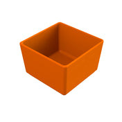 A small, empty, square-shaped orange bowl with smooth edges and a glossy finish is shown against a plain white background. This cast aluminum bowl is viewed from a slightly elevated angle, clearly displaying its interior and depth.