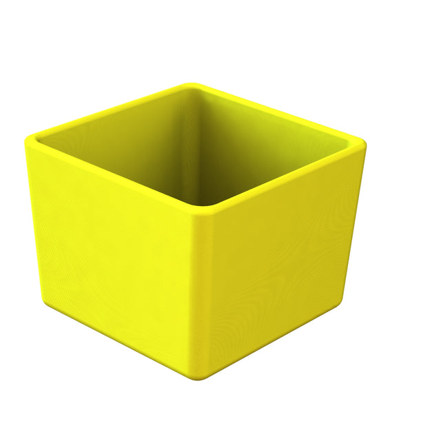 A bright yellow, empty, square-shaped plastic container with slightly rounded edges. Viewed from an angle, this dishwasher safe bowl has a smooth surface and no visible markings or designs, showcasing both its interior and two sides.