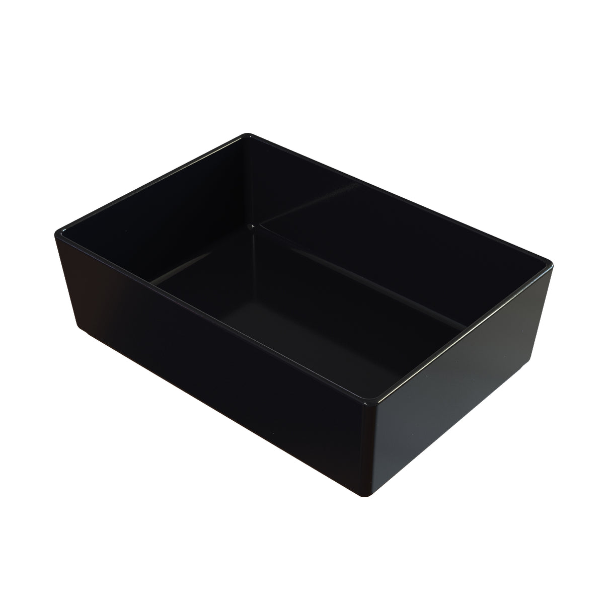 A black rectangular cold holding bowl with high walls, open at the top, sits on a white background. Its smooth, glossy finish inside and out highlights the box’s depth and clean, defined edges as it appears empty.