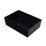 A black rectangular cold holding bowl with high walls, open at the top, sits on a white background. Its smooth, glossy finish inside and out highlights the box’s depth and clean, defined edges as it appears empty.