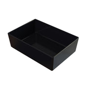 A black rectangular cold holding bowl with high walls, open at the top, sits on a white background. Its smooth, glossy finish inside and out highlights the box’s depth and clean, defined edges as it appears empty.