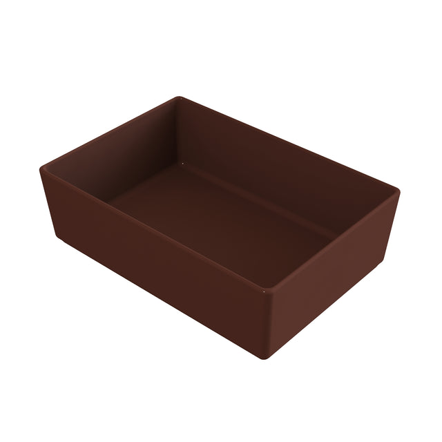 A rectangular, deep brown plastic tray with straight sides and a flat bottom is shown on a white background. The tray, ideal for cold holding, features slightly rounded edges that give it a smooth, modern appearance.