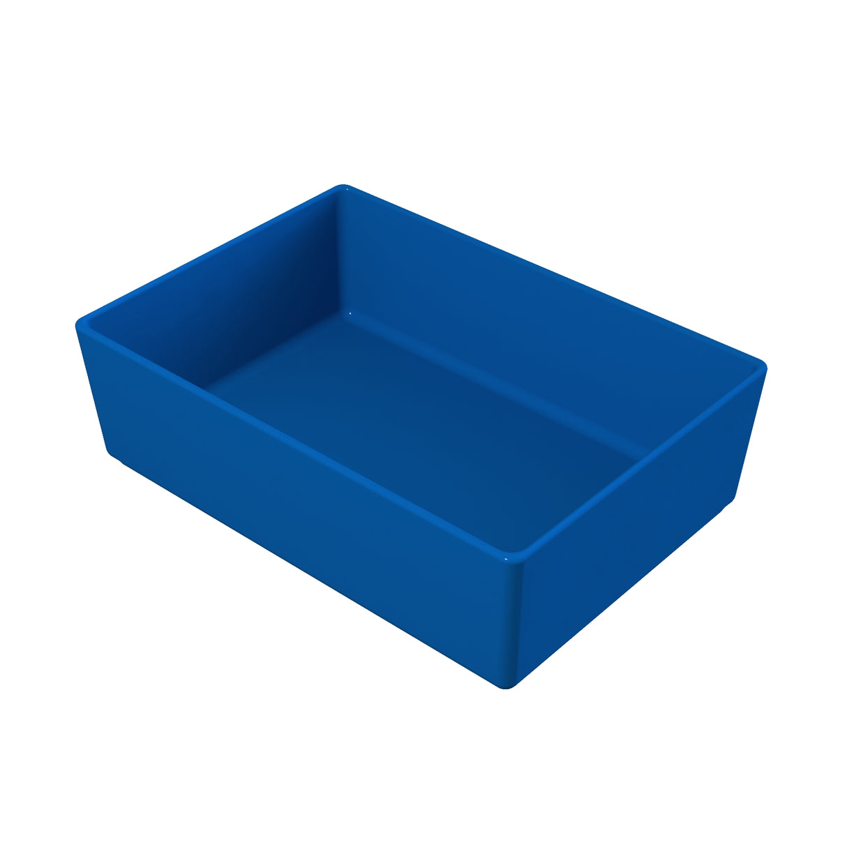 A solid cobalt blue, rectangular plastic bin with straight sides and rounded corners, shown at an angle on a white background. The bin is empty and has a smooth, glossy surface.