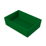 A plain, deep rectangular green plastic tray with slightly angled sides is shown on a white background. The tray, similar to a dishwasher safe bowl, is empty and viewed at an angle, revealing its interior and clean edges.