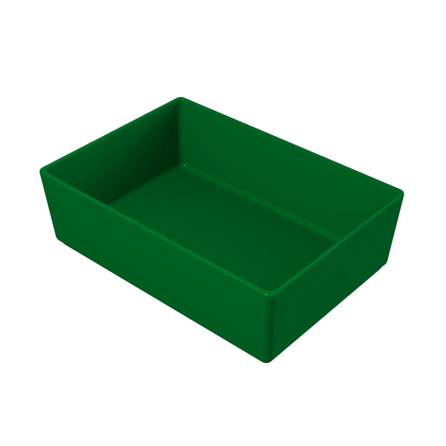 A plain, deep rectangular green plastic tray with slightly angled sides is shown on a white background. The tray, similar to a dishwasher safe bowl, is empty and viewed at an angle, revealing its interior and clean edges.