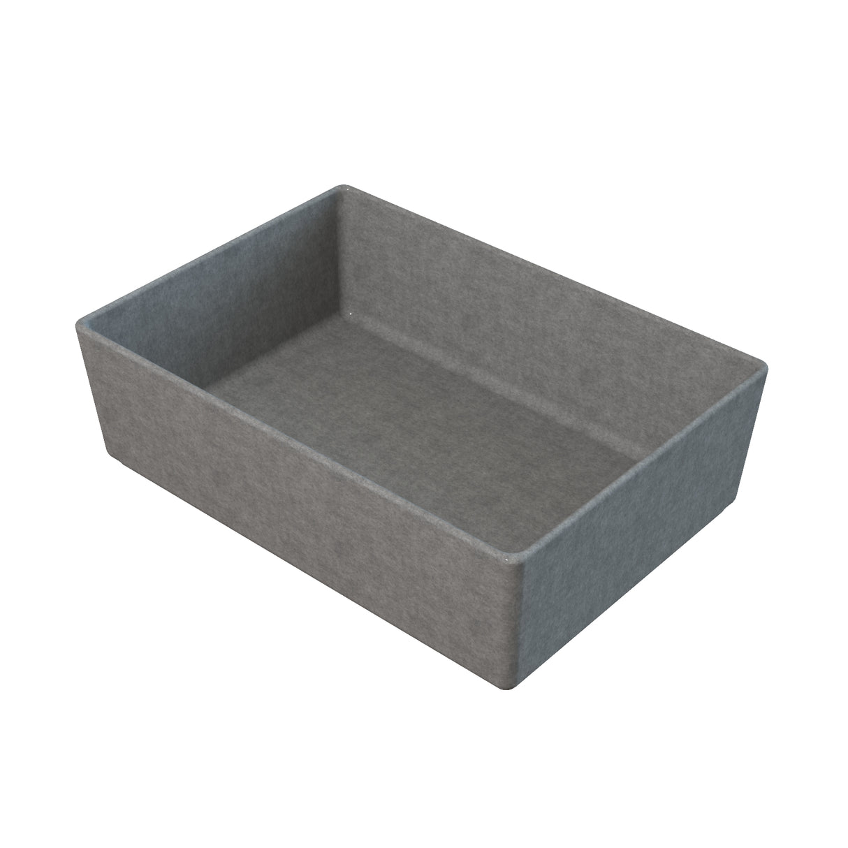A rectangular, shallow gray felt storage bin with high straight sides and no handles, viewed from a slightly raised angle against a white background. Its soft, fabric-like texture contrasts with the sturdiness of a cast aluminum bowl.