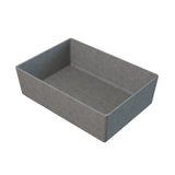 A rectangular, shallow gray felt storage bin with high straight sides and no handles, viewed from a slightly raised angle against a white background. Its soft, fabric-like texture contrasts with the sturdiness of a cast aluminum bowl.