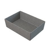 A rectangular, shallow gray felt storage bin with high straight sides and no handles, viewed from a slightly raised angle against a white background. Its soft, fabric-like texture contrasts with the sturdiness of a cast aluminum bowl.