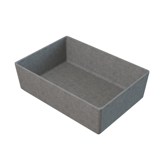 A rectangular, shallow gray felt storage bin with high straight sides and no handles, viewed from a slightly raised angle against a white background. Its soft, fabric-like texture contrasts with the sturdiness of a cast aluminum bowl.
