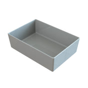 A rectangular, gray, glossy-finished cast aluminum bowl with straight sides and an open top, angled to show both the inside and outside surfaces, perfect for cold holding and displayed against a plain white background.