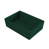 A rectangular, deep, dark green plastic tray with slightly tapered sides, shown at an angle on a white background. The empty tray has smooth, glossy surfaces and is ideal as a cold holding bowl for food service.
