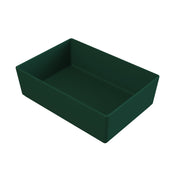 A rectangular, deep, dark green plastic tray with slightly tapered sides, shown at an angle on a white background. The empty tray has smooth, glossy surfaces and is ideal as a cold holding bowl for food service.