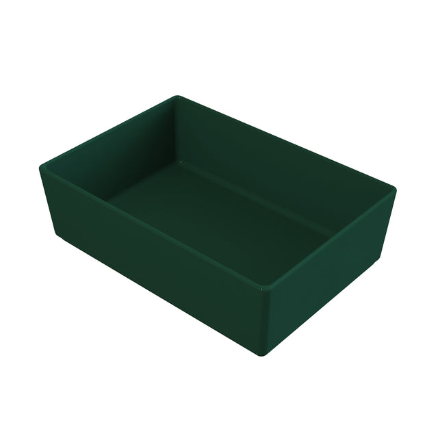 A rectangular, deep, dark green plastic tray with slightly tapered sides, shown at an angle on a white background. The empty tray has smooth, glossy surfaces and is ideal as a cold holding bowl for food service.