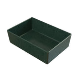 A dark green rectangular tray with high sides, made from Duracoat coated cast aluminum. The tray has a smooth, glossy finish and is empty, viewed from an angle that shows both the interior and two sides. The color is uniform and the corners are slightly rounded.