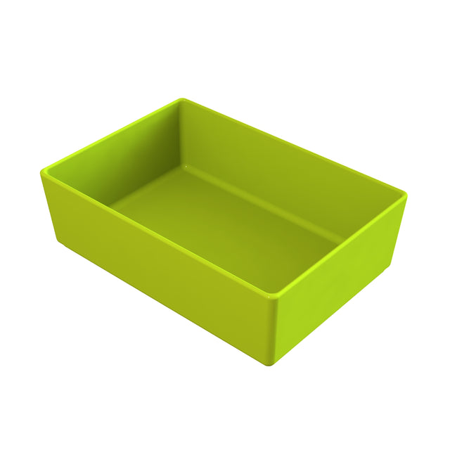 A rectangular, open-top, lime green cold holding bowl is shown against a white background. The container has straight sides, sharp corners, and a smooth, glossy surface. It appears empty and is angled to show both the interior and exterior.