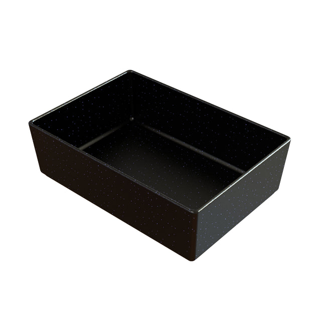 A rectangular, deep black cast aluminum baking dish with a glossy finish and small white speckles evenly distributed on the surface, shown on a plain white background. The dish has straight sides and no handles.