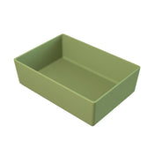 A rectangular, matte light green plastic bin with straight sides and a flat base. This dishwasher safe bin is empty and photographed on a white background, viewed at a slight angle to show depth and interior space.