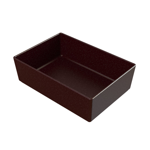 A rectangular, deep, dark brown tray with slightly angled sides and a subtle speckled texture, shown on a white background. This tray pairs well with a cold holding bowl for serving or organizing items in style.