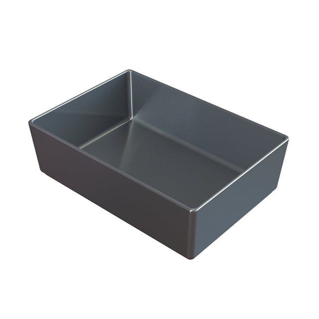 A rectangular, deep sand cast aluminum bowl with straight sides and sharp corners, viewed at an angle on a white background. The empty pan has a smooth, shiny surface and a modern, minimalist design.