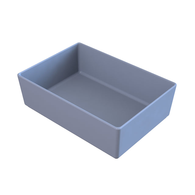A rectangular, light gray, empty plastic cold holding container with smooth sides and rounded edges is shown on a white background, viewed from an angle above and to the side.