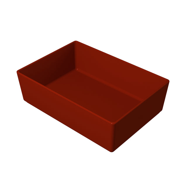 A rectangular, deep, red cold holding bowl with smooth sides and edges sits on a white background, viewed from an angle showing both the interior and two sides. The tray appears to be made of a solid material, possibly plastic or ceramic.