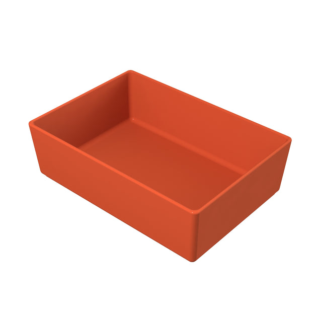 A rectangular, solid orange tray with slightly flared sides and smooth surfaces, shown on a white background. The tray is empty, has sharp, well-defined corners and edges, and offers the durability of a dishwasher safe bowl.