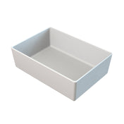 A white, rectangular, ceramic or porcelain container with high straight sides and a flat bottom, resembling a dishwasher safe baking dish or tray, shown on a plain white background. The dish is empty and angled to show both its depth and interior.