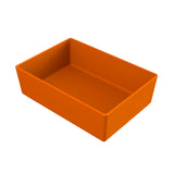 A rectangular, deep orange plastic container, ideal as a cold holding bowl, is shown on a white background. The container has straight sides, sharp corners, and is empty. The perspective is angled slightly above to reveal the inside and outer sides.