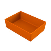 A rectangular, deep orange plastic container, ideal as a cold holding bowl, is shown on a white background. The container has straight sides, sharp corners, and is empty. The perspective is angled slightly above to reveal the inside and outer sides.