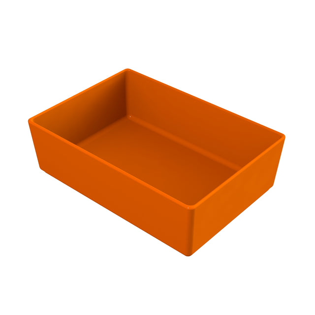 A rectangular, deep orange plastic container, ideal as a cold holding bowl, is shown on a white background. The container has straight sides, sharp corners, and is empty. The perspective is angled slightly above to reveal the inside and outer sides.