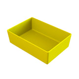 A rectangular, deep, cold holding bowl in bright yellow plastic is shown angled slightly from above on a white background. The tray has smooth sides and no visible handles or markings.