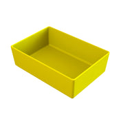 A rectangular, deep, cold holding bowl in bright yellow plastic is shown angled slightly from above on a white background. The tray has smooth sides and no visible handles or markings.