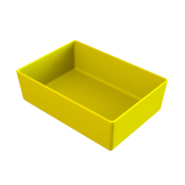 A rectangular, deep, cold holding bowl in bright yellow plastic is shown angled slightly from above on a white background. The tray has smooth sides and no visible handles or markings.