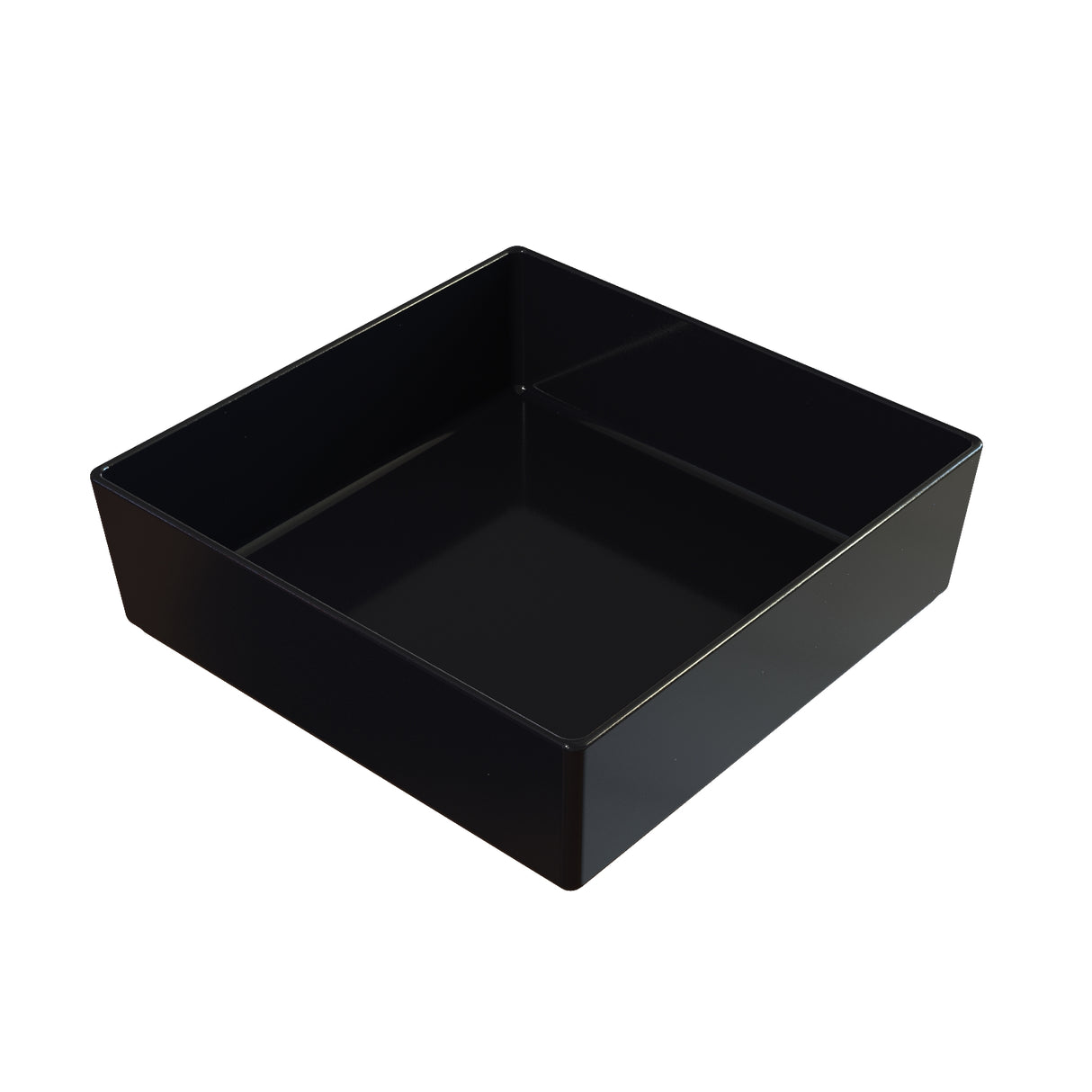 A black, square-shaped, shallow cast aluminum tray with smooth sides and a glossy finish is shown against a plain white background. The tray is empty and positioned at a slight angle, revealing its depth—ideal for cold holding.