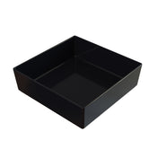 A black, square-shaped, shallow cast aluminum tray with smooth sides and a glossy finish is shown against a plain white background. The tray is empty and positioned at a slight angle, revealing its depth—ideal for cold holding.