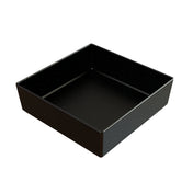 A black, square-shaped cast aluminum bowl with straight sides and a glossy finish. Both inside and out have small white speckles for a starry effect. The tray is empty and sits on a plain white background.
