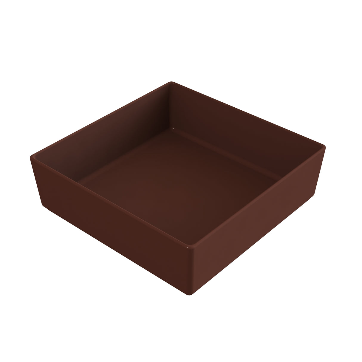 A plain, empty, square baking pan with high sides, shown at an angle. The brown pan, possibly cast aluminum or coated metal, features a smooth finish and sits against a white background.