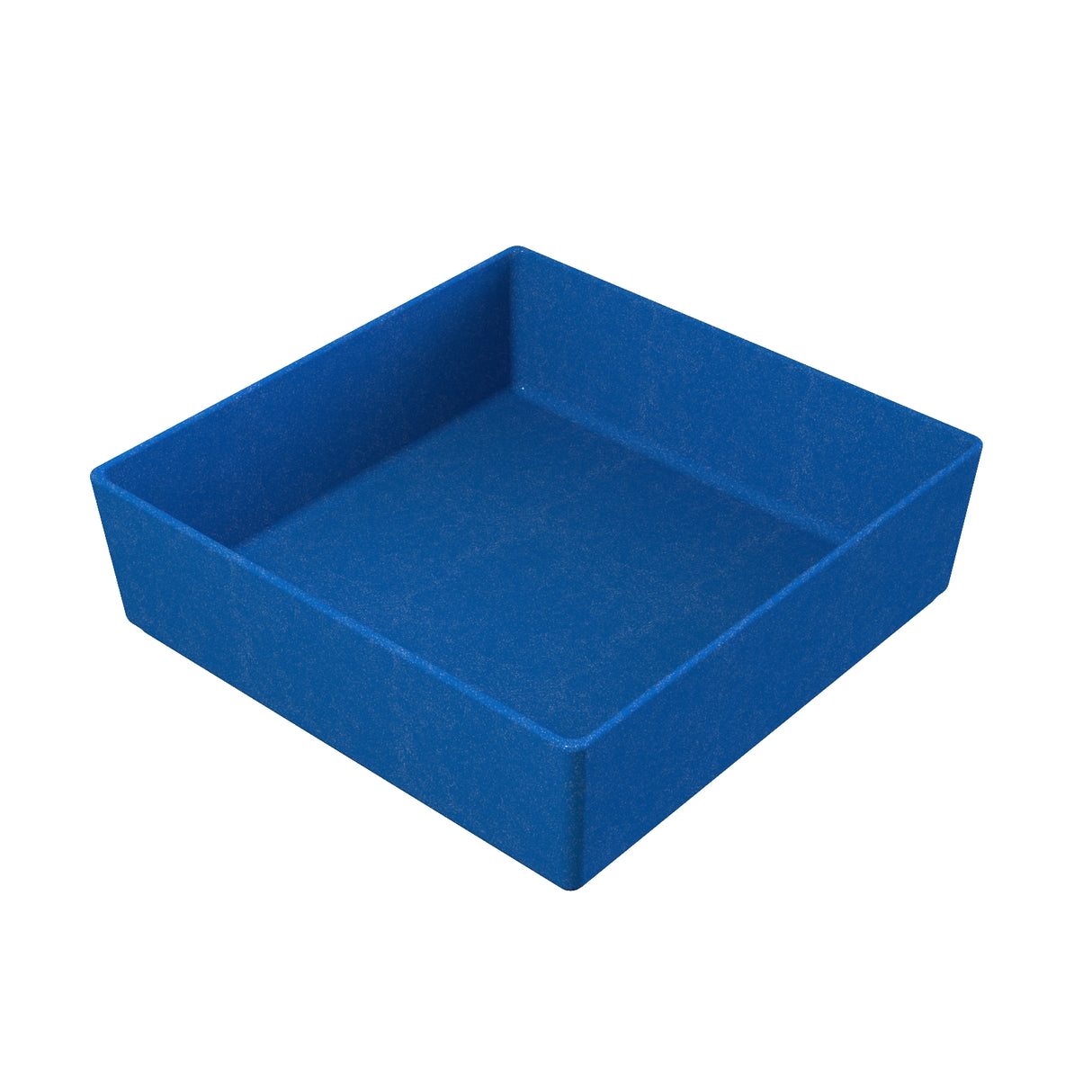 A square, blue plastic tray with tall sides and a smooth surface. The tray is empty and set against a plain white background, showing its depth and dishwasher safe, functional design.