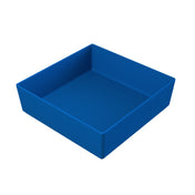 A blue, square-shaped, shallow plastic tray with smooth sides and rounded corners, set against a plain white background. The tray’s interior and exterior are uniformly colored, resembling a cold holding bowl. The tray appears empty and clean.