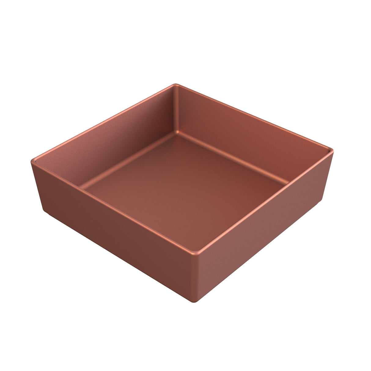 A square, copper-colored metal baking pan with straight sides and a smooth surface, resembling a copper finish bowl, sits empty against a plain white background. Viewed from a slightly elevated angle, it showcases its depth and clean lines.
