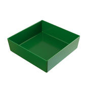 A square-shaped, deep green plastic cold holding bowl with smooth sides and sharp corners, shown from an angled top-down view against a plain white background. The glossy interior and exterior surfaces are clean and modern.