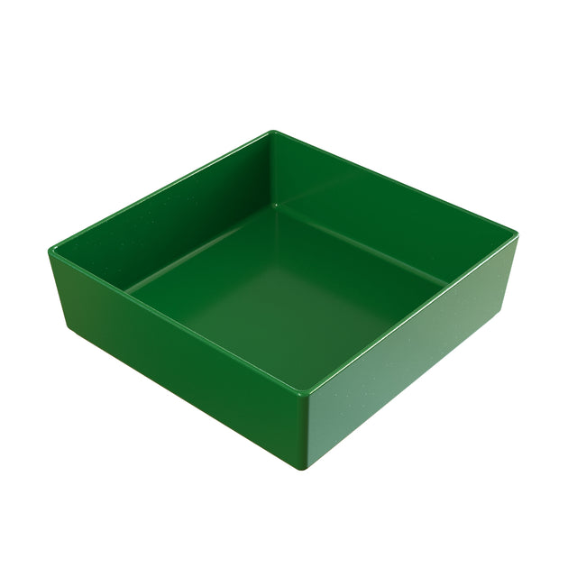 A square-shaped, deep green plastic cold holding bowl with smooth sides and sharp corners, shown from an angled top-down view against a plain white background. The glossy interior and exterior surfaces are clean and modern.